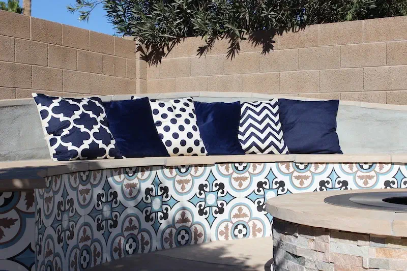 side view of an outdoor firepit seating bench