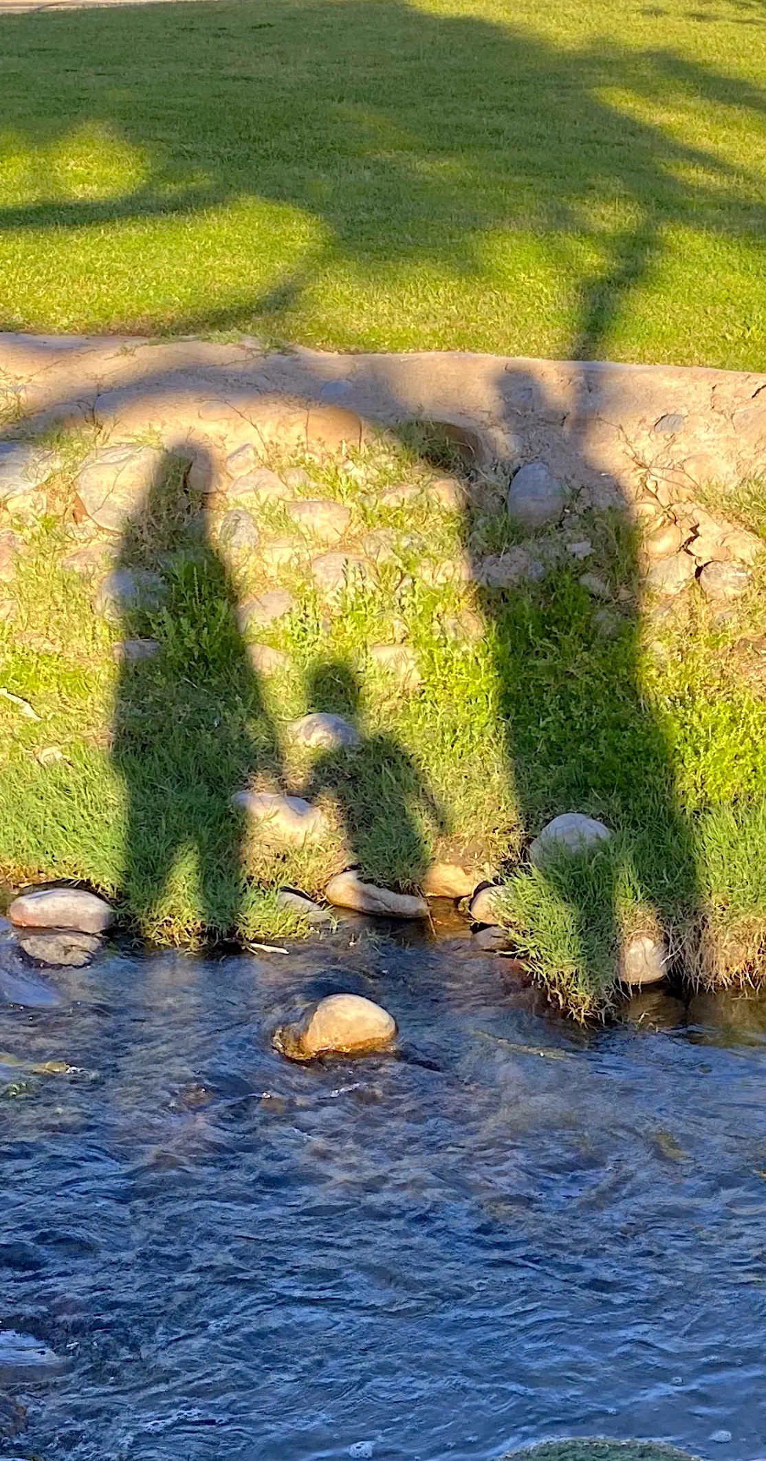 shadow casting of three people over creek